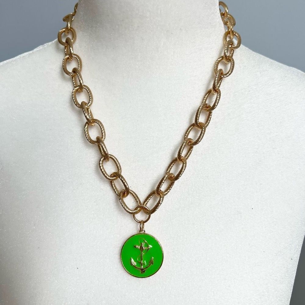 Gold tone chain with greenโenamel anchor pendant necklace